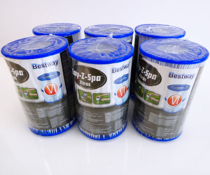 Six Bestway Lay-Z-Spa water filter two packs. Shown in there protective plastic covering, and branded packaging. Filters have a blue PU top and bottom, also they have white pleated filter media.