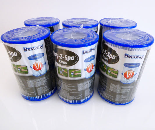 Six Bestway Lay-Z-Spa water filter two packs. Shown in there protective plastic covering, and branded packaging. Filters have a blue PU top and bottom, also they have white pleated filter media.
