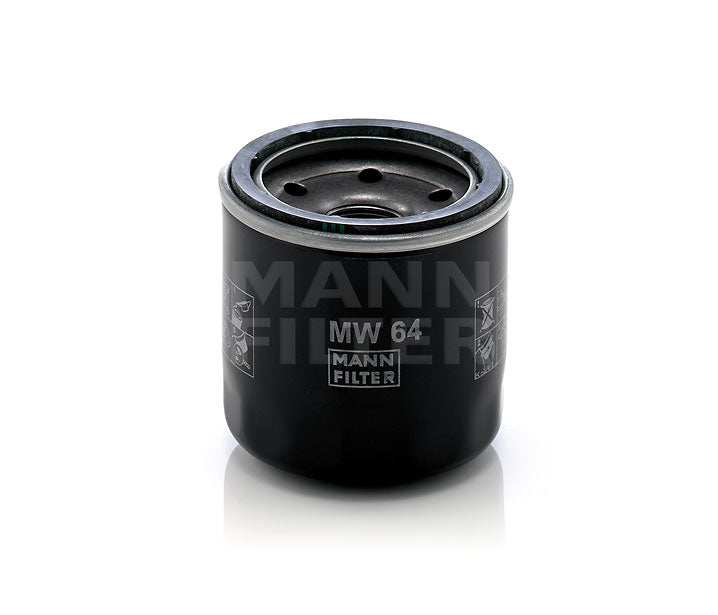 A black cylindrical Mann Filter MW 64 oil filter, with white printed text and logos, shown on a clean white background with a soft reflection.