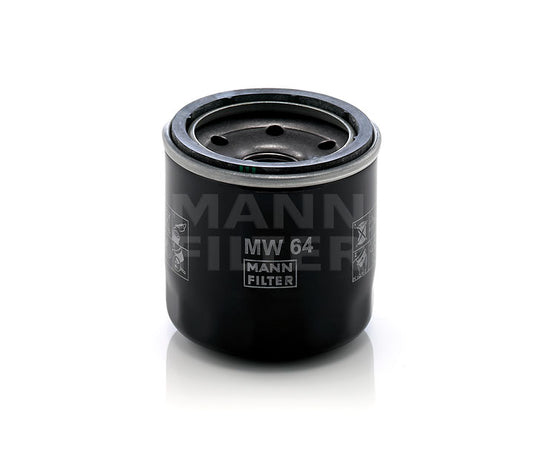 A black cylindrical Mann Filter MW 64 oil filter, with white printed text and logos, shown on a clean white background with a soft reflection.