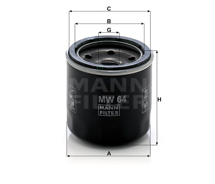 A black cylindrical Mann Filter MW 64 oil filter with, dimension callouts A, B, C, G, H,  shown on a white background.