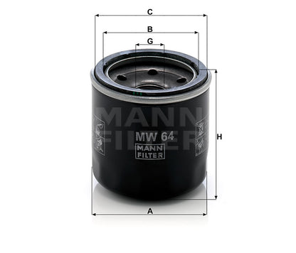A black cylindrical Mann Filter MW 64 oil filter with, dimension callouts A, B, C, G, H,  shown on a white background.