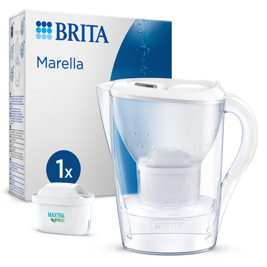 Brita Marella water filter jug with packaging, and filter on a white background