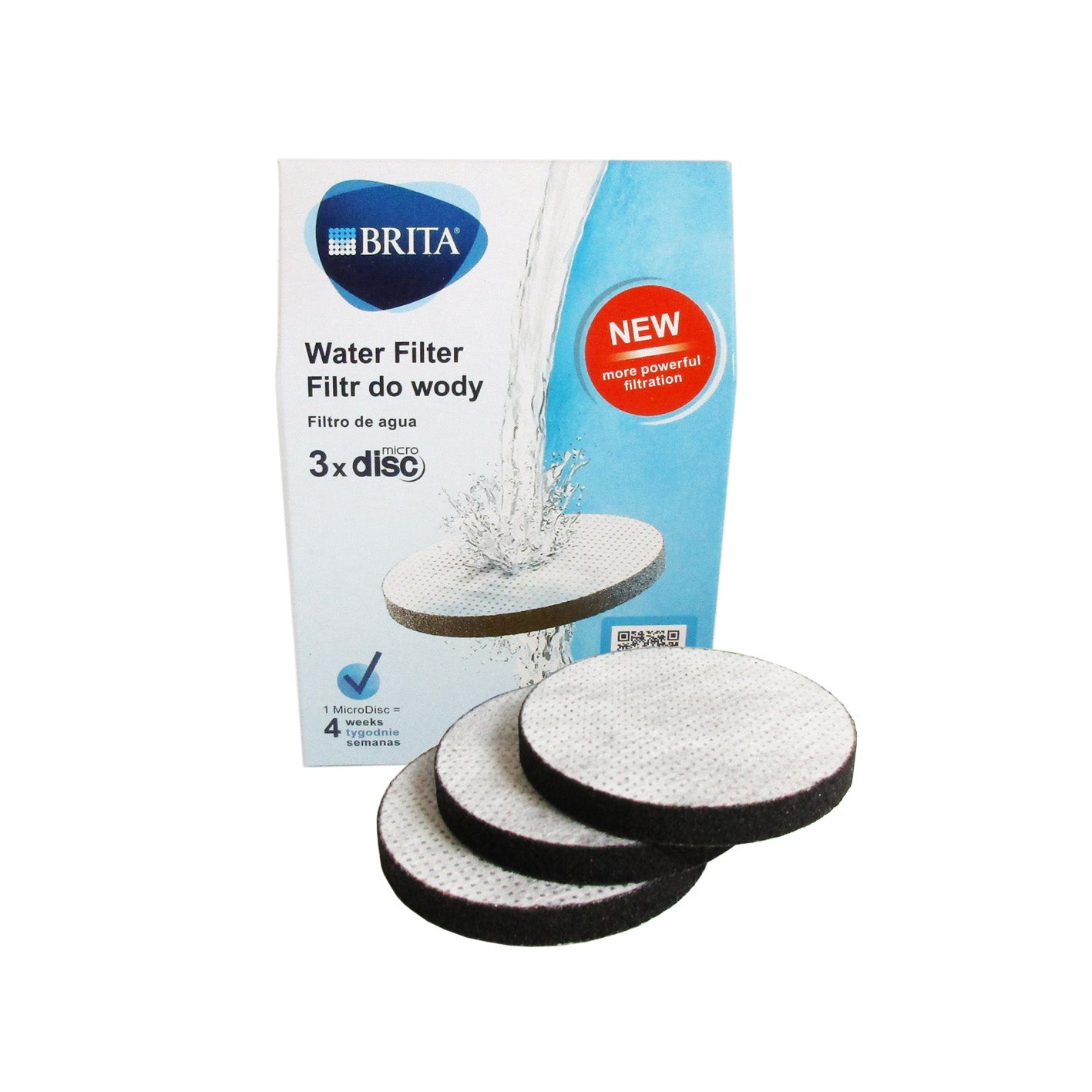 Three round Brita water filter cartridges with black edges and white mesh centers, displayed in front of their blue and white retail packaging box on a white background.