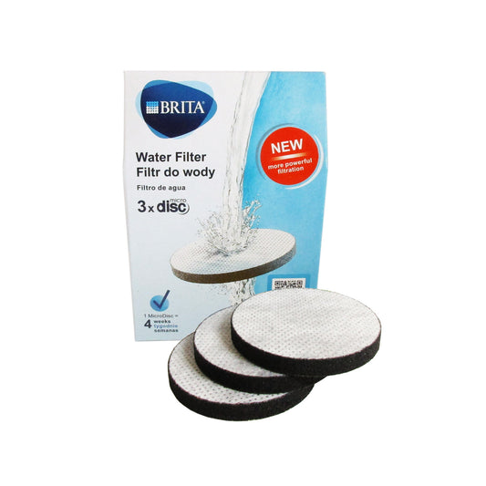 Three round Brita water filter cartridges with black edges and white mesh centers, displayed in front of their blue and white retail packaging box on a white background.