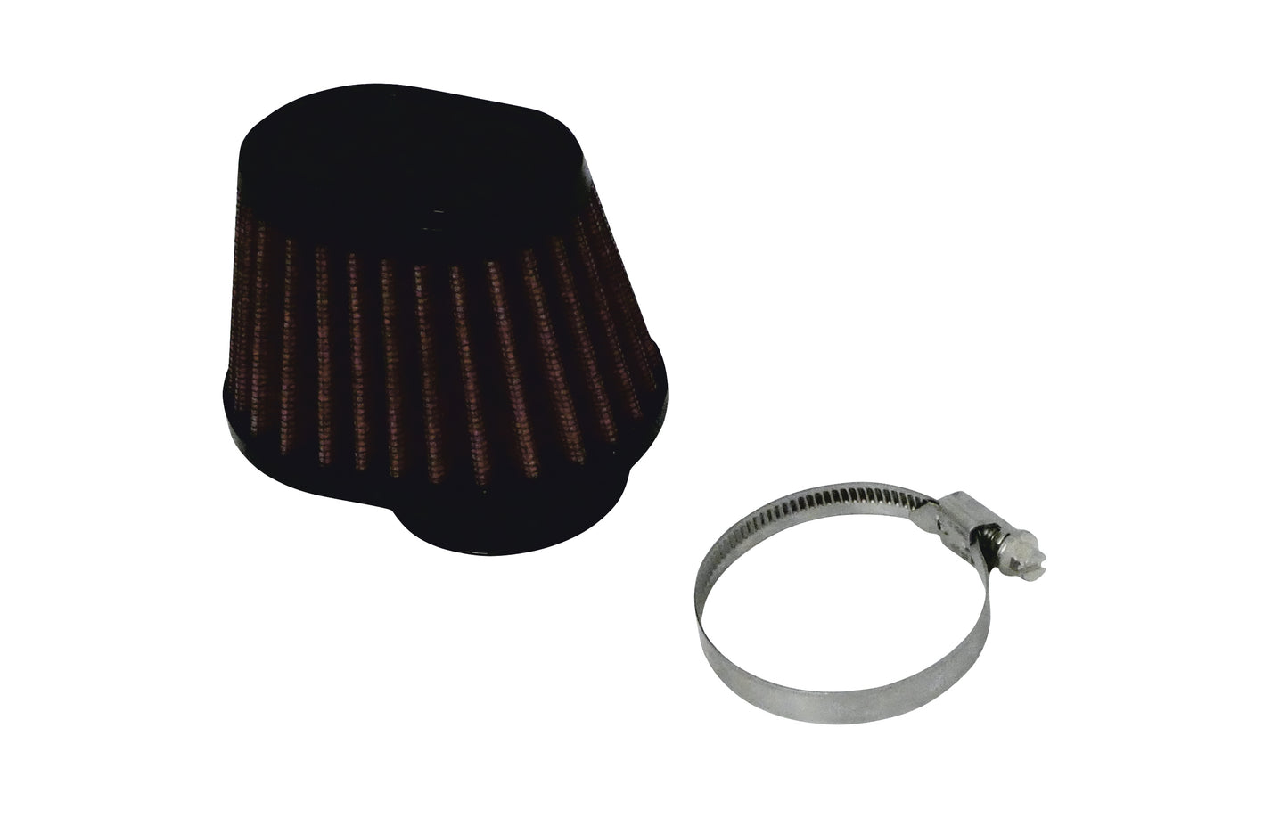 A black conical air filter, with red pleated media and a grey metal clamp, shown on a plain white background.