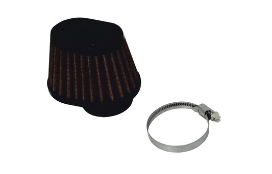 A black conical air filter, with red pleated media and a grey metal clamp, shown on a plain white background.