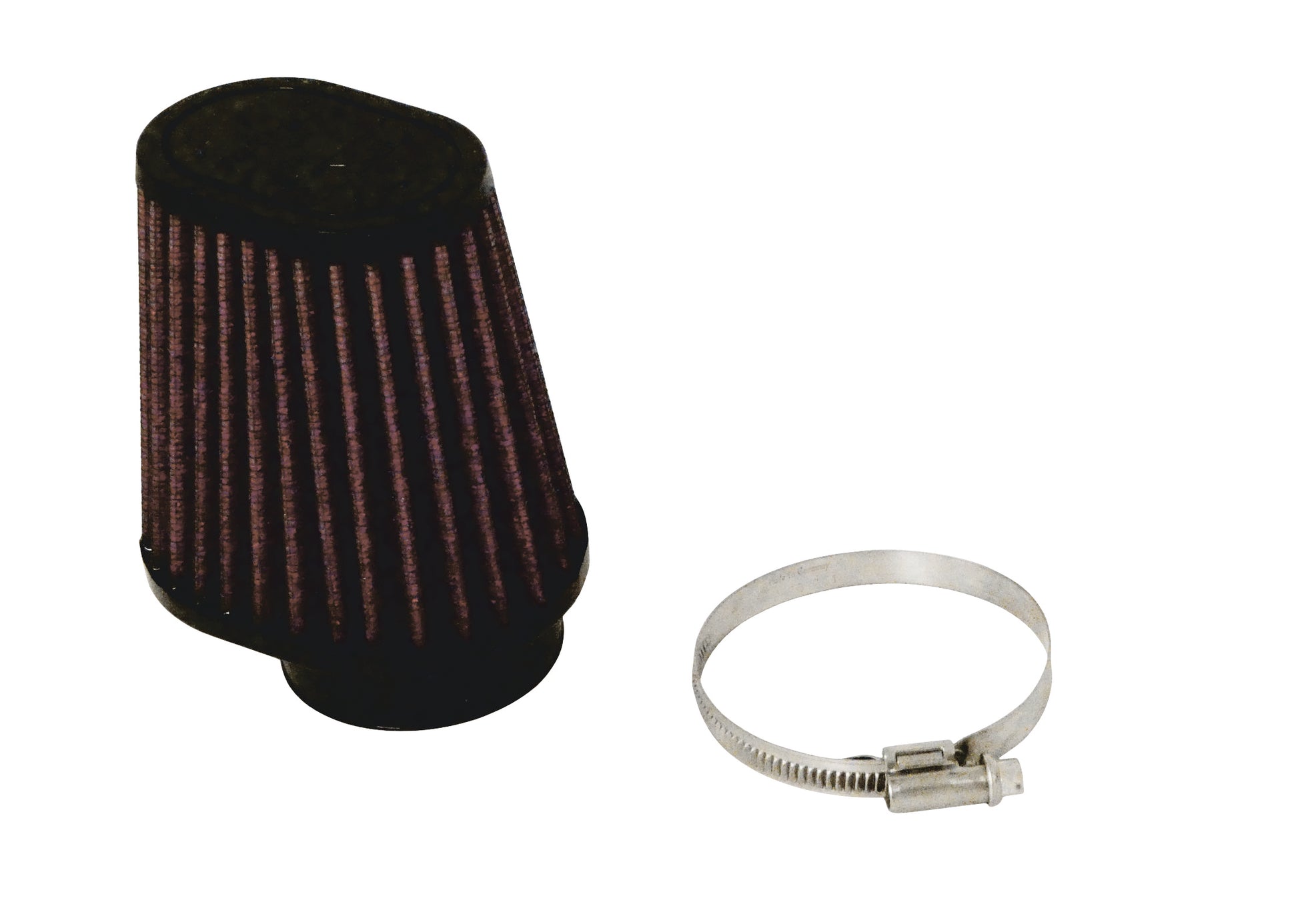 A black cone-shaped universal air filter, with red pleated media and a grey metal clamp, shown on a plain white background.