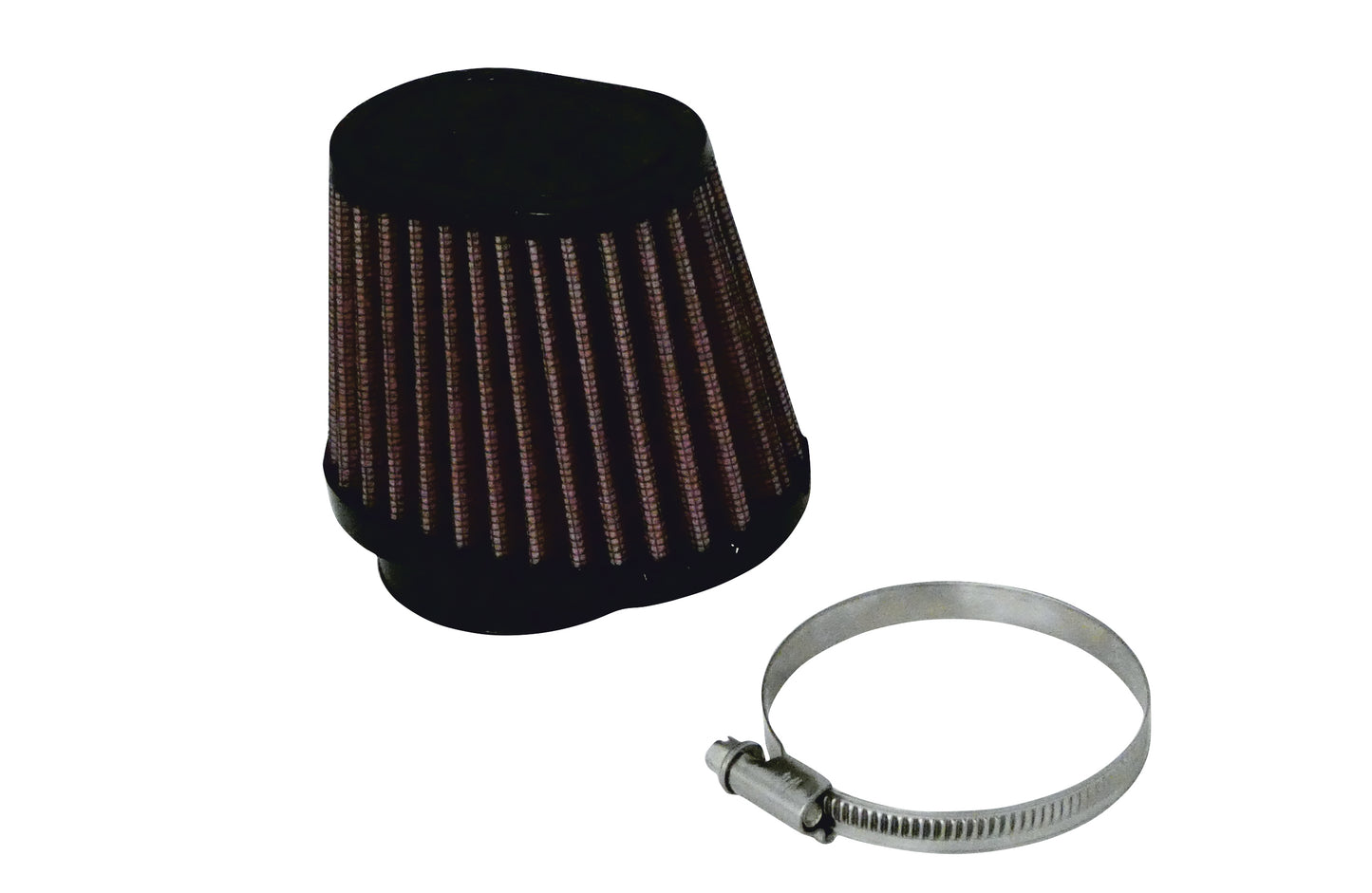 A black universal cone air filter, with pleated media next to a grey clamp, shown on a plain white background.