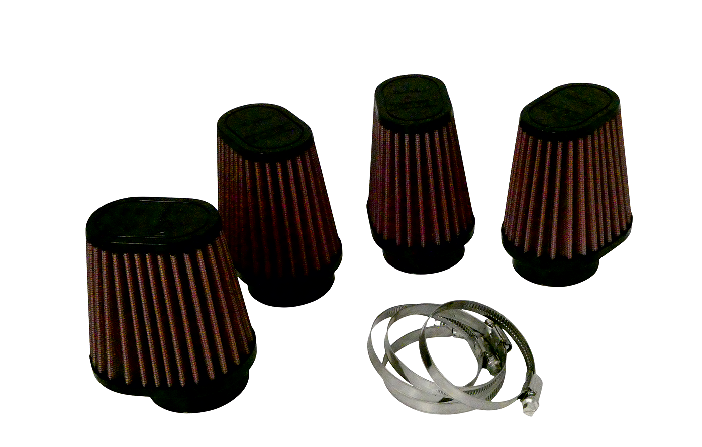 Four red pleated universal cone air filters, with black tops and bottoms, shown with four grey metal clamps on a plain white background.