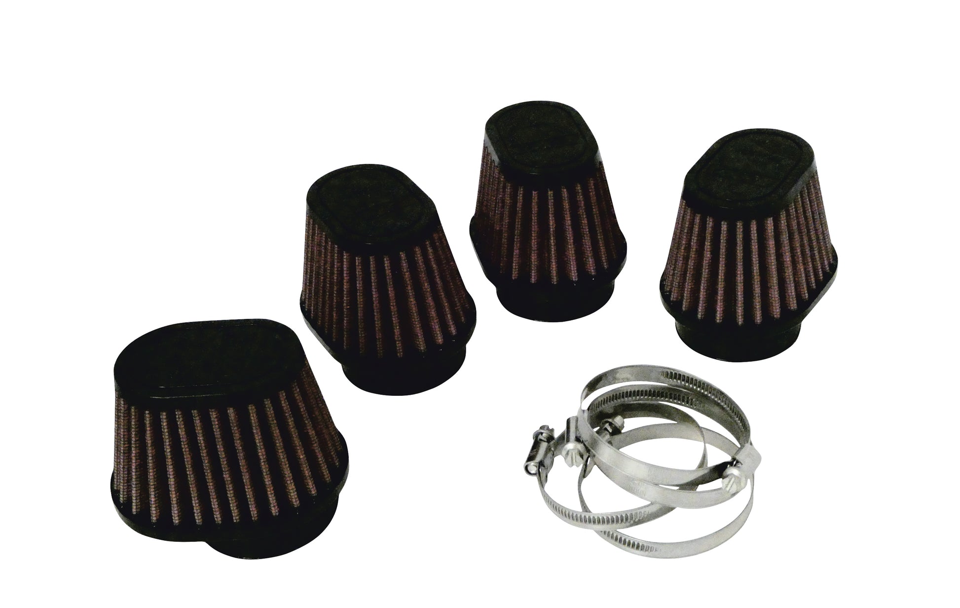 Four cone air filters with pleated media, shown with four grey metal clamps on a plain white background.