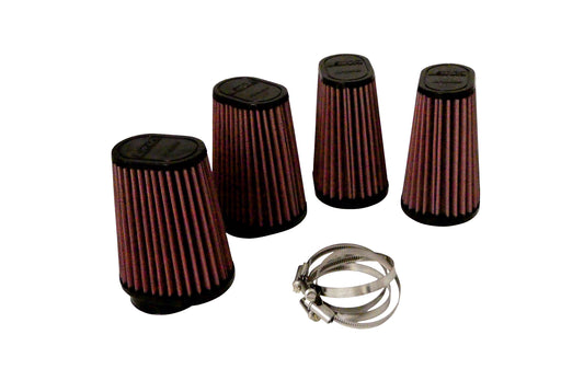 Four red and black pleated cone air filters with a set of four grey metal clamps, displayed on a solid white background.