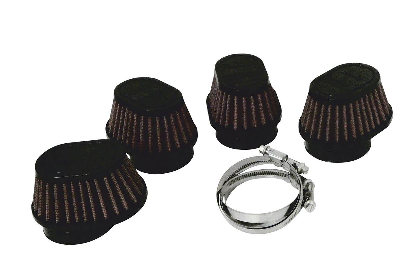Four black universal cone air filters with pleated media, and four grey metal clamps, shown on a plain white background.