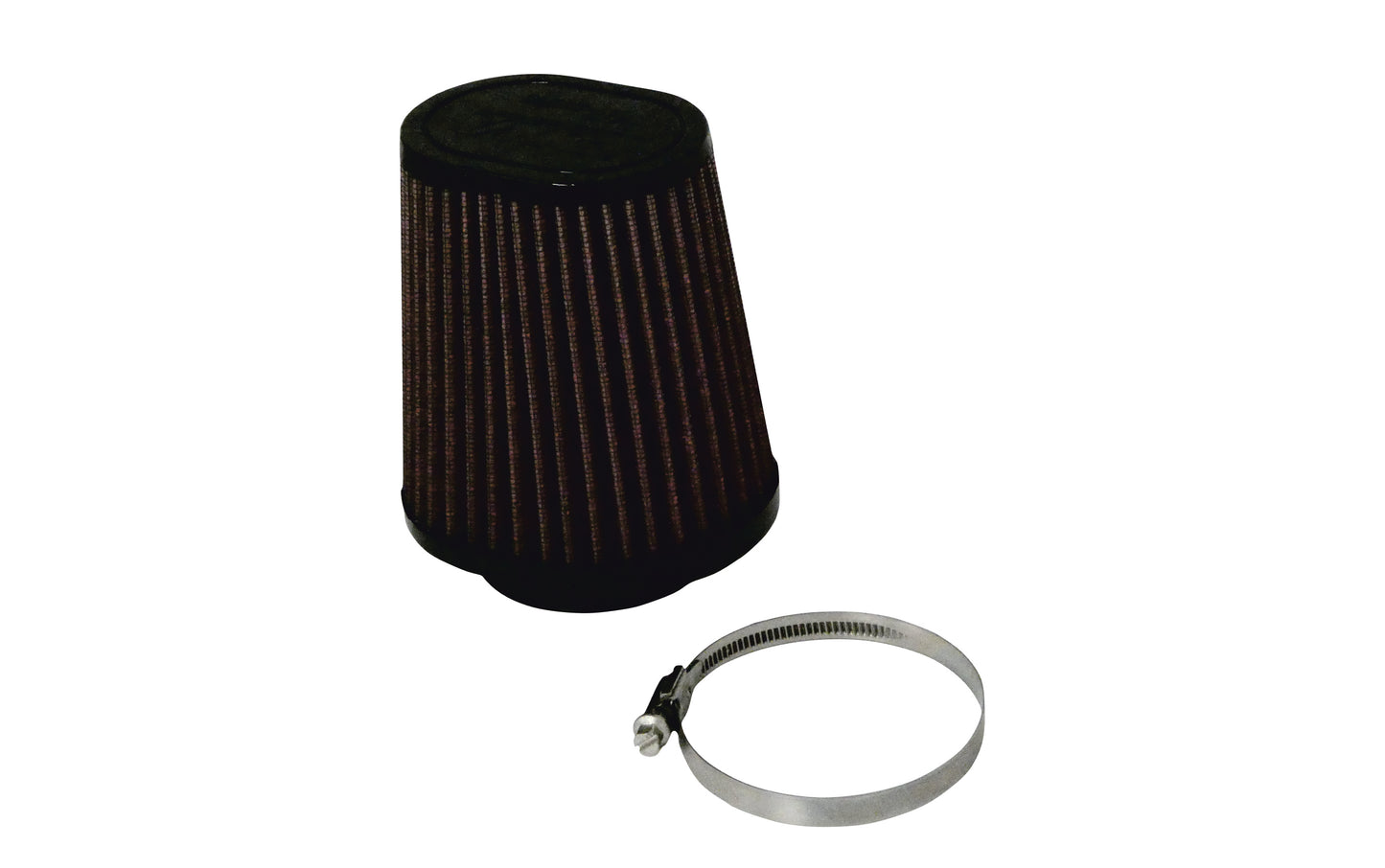 A black pleated cone air filter with a grey metal clamp, shown on a plain white background.