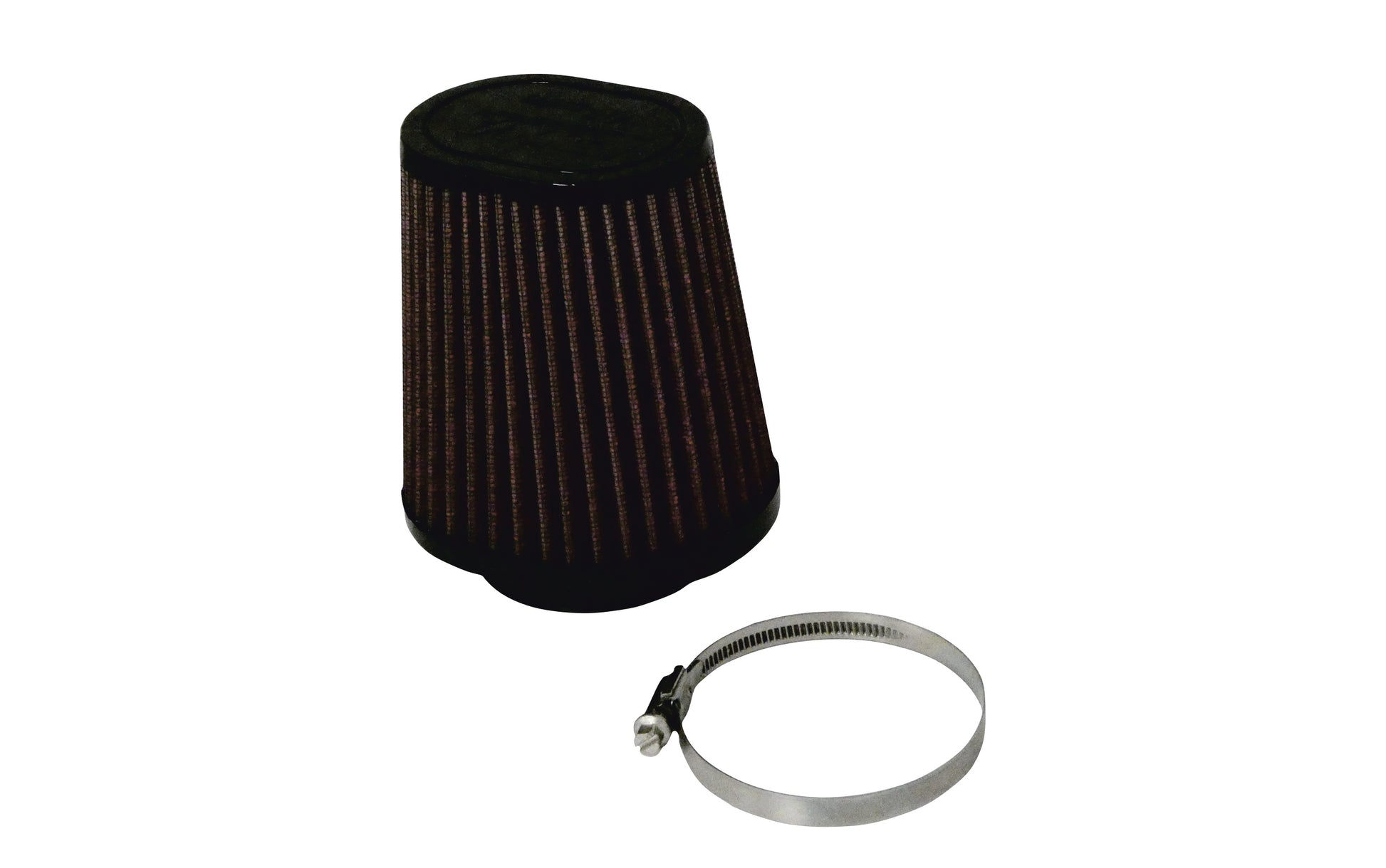 A black pleated cone air filter with a grey metal clamp, shown on a plain white background.