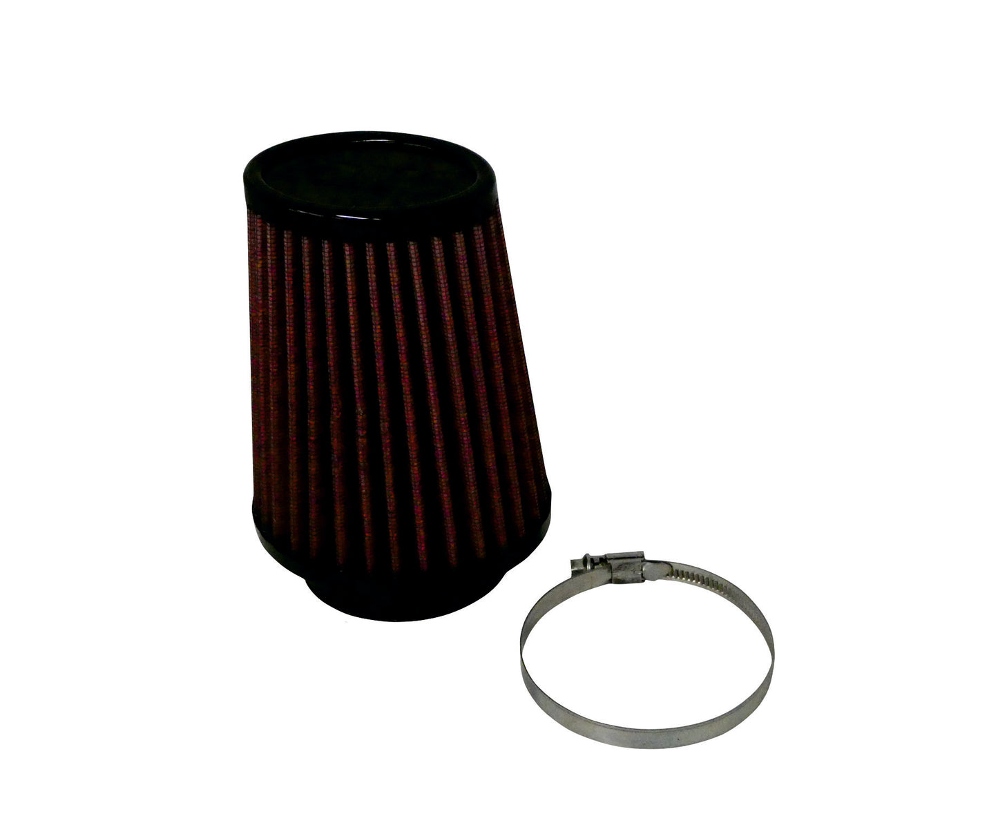 A red pleated cone air filter with a black top and bottom, shown next to a grey metal clamp on a plain white background.