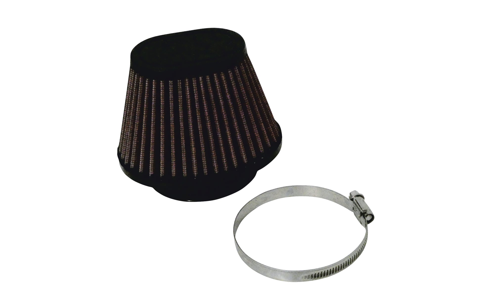 A black pleated cone air filter with a grey metal clamp, shown on a plain white background.