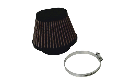 A black pleated cone air filter with a grey metal clamp, shown on a plain white background.