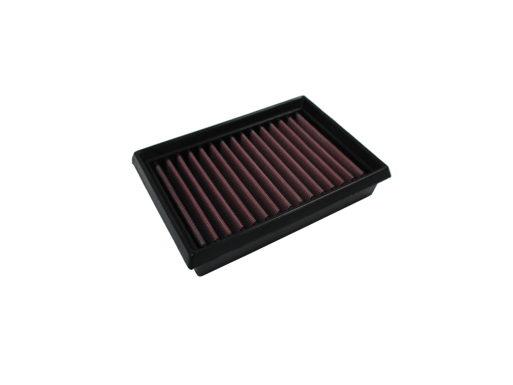 A rectangular motorcycle air filter, with black PU and pleated media, shown on a white background.