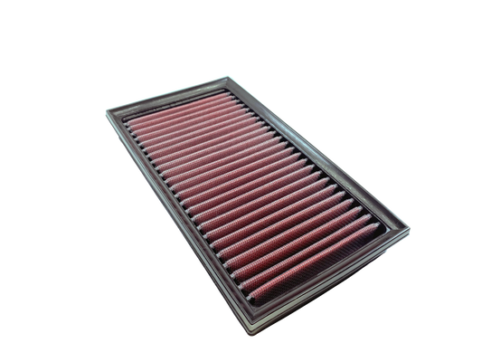 A rectangular pleated air filter with a  black PU frame, shown at an angle on a solid white background.