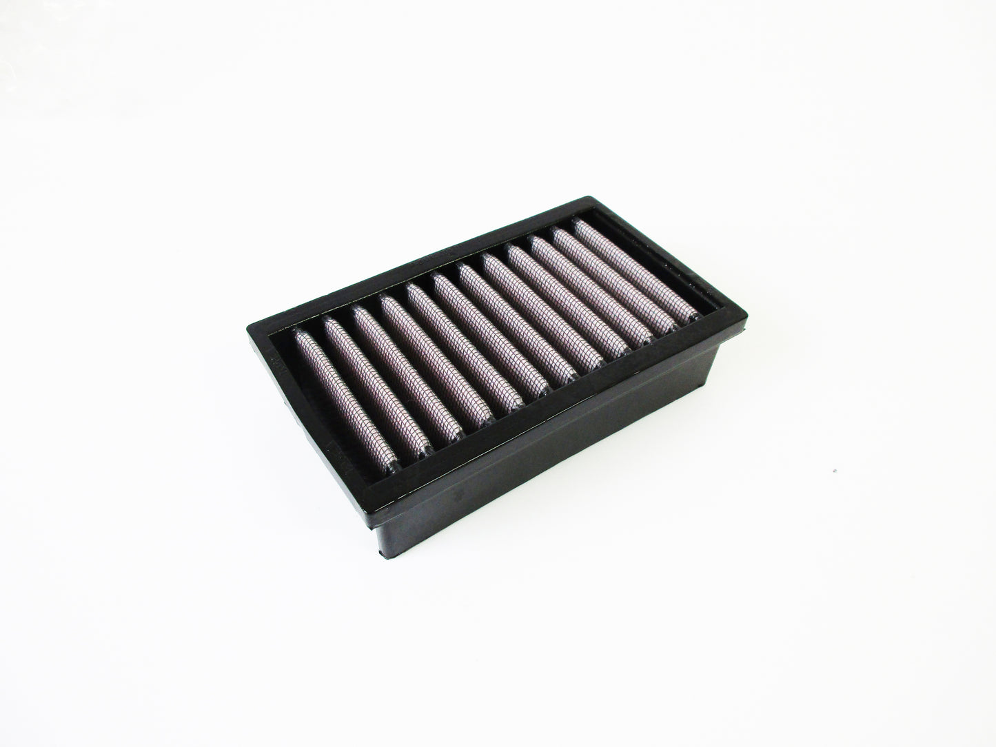 A rectangular motorcycle air filter with a black PU frame and pleated media, shown on a plain white background.