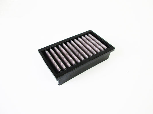 A rectangular motorcycle air filter with a black PU frame and pleated media, shown on a plain white background.