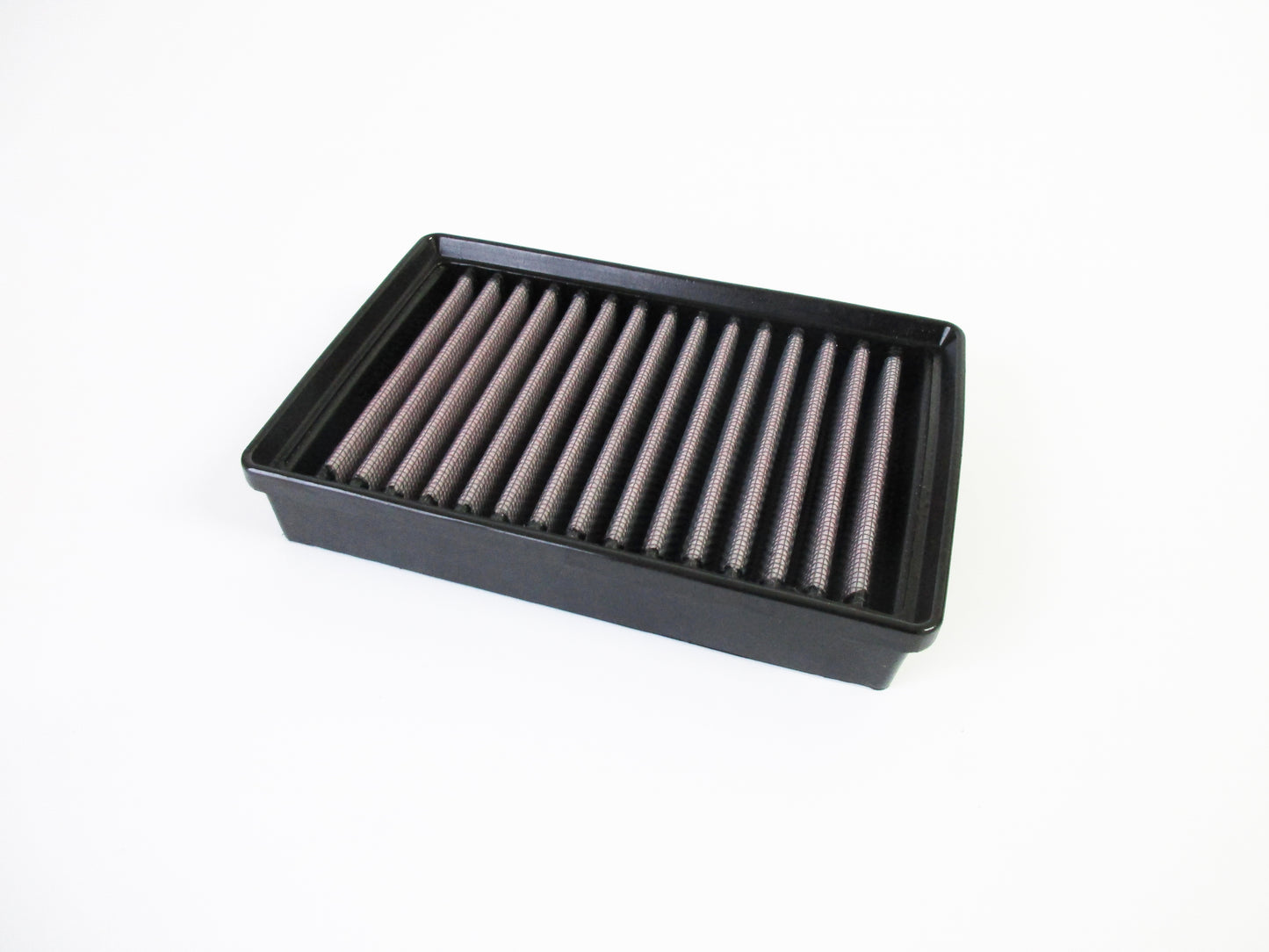 A rectangular motorcycle air filter with a black PU frame and pleated red filter media, shown on a plain white background.