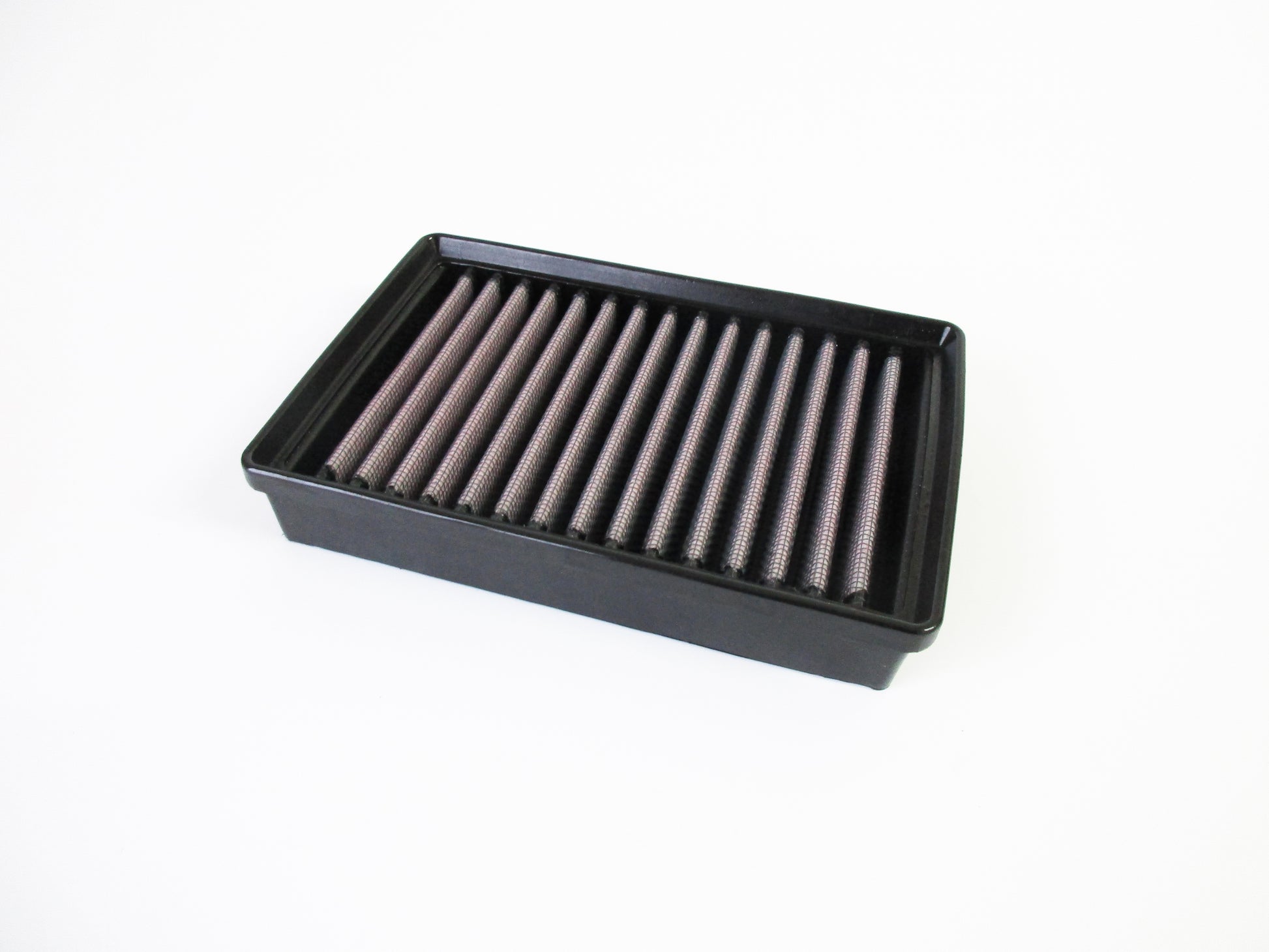 A rectangular motorcycle air filter with a black PU frame and pleated red filter media, shown on a plain white background.