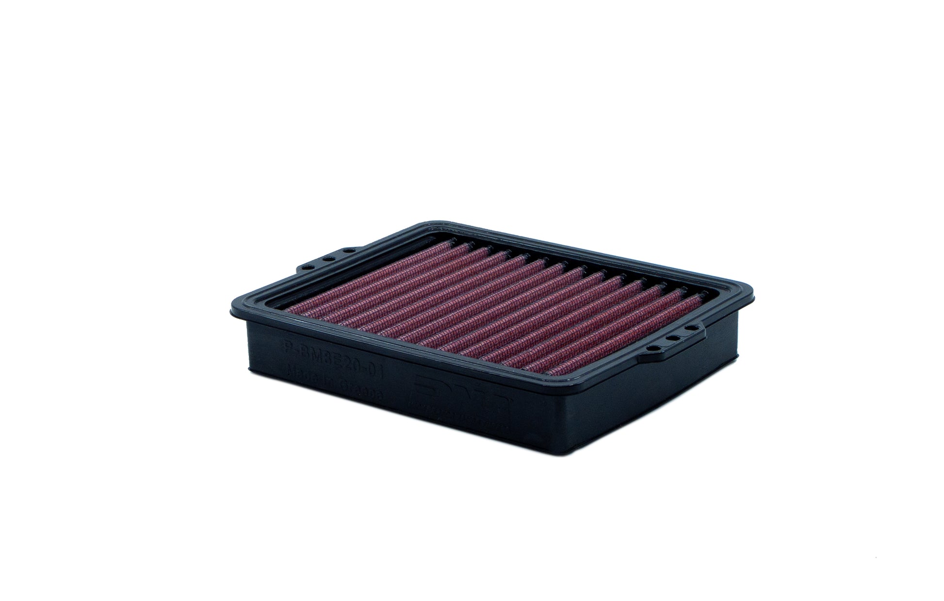 A rectangular motorcycle air filter with a PU black frame and pleated red filter media, shown on a plain white background.