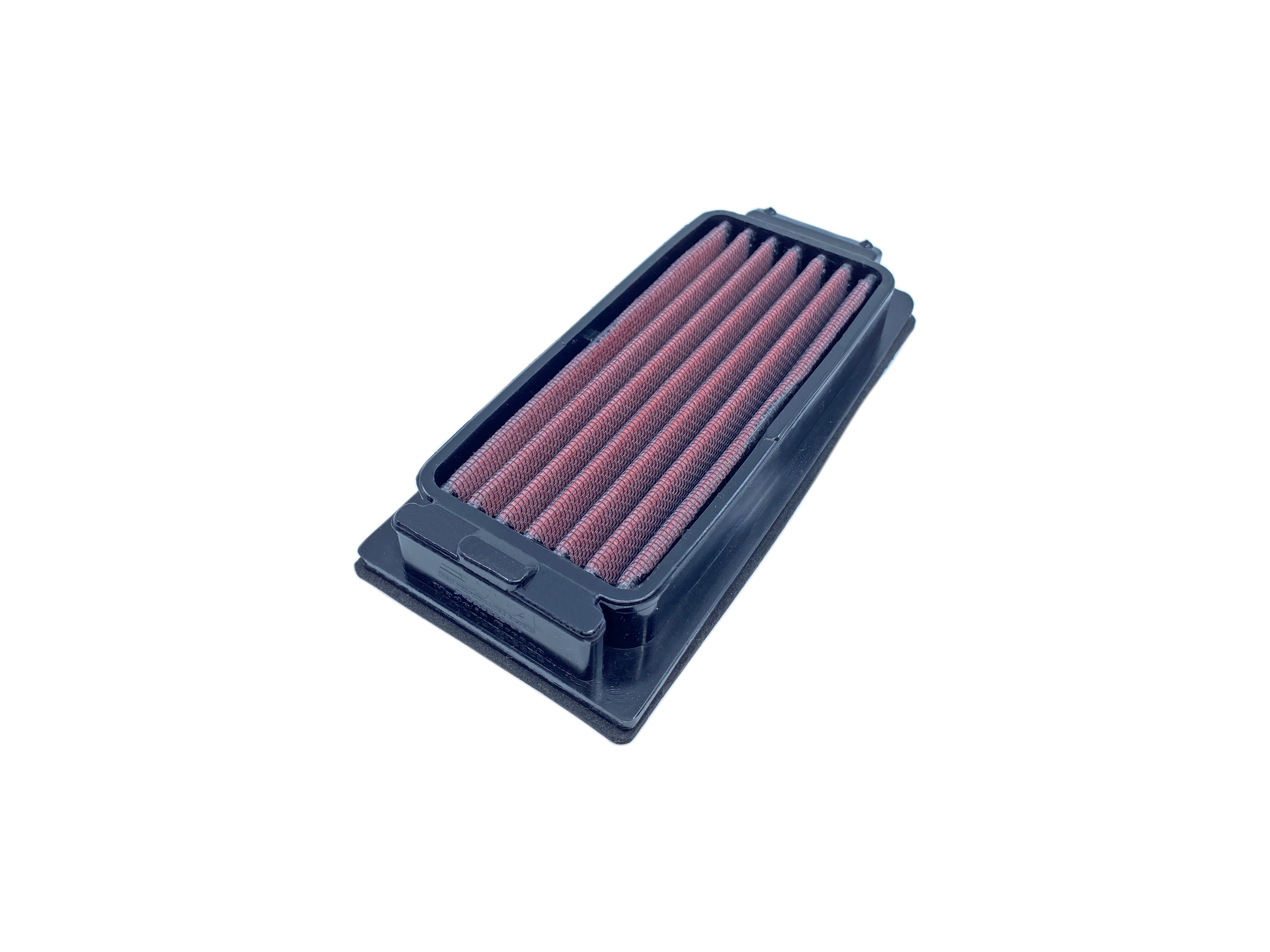 A rectangular motorcycle air filter with a dark PU frame, pleated red filter media, shown on a plain white background.