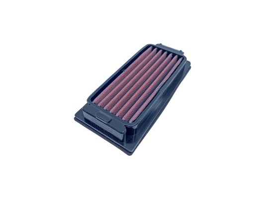 A rectangular motorcycle air filter with a dark PU frame, pleated red filter media, shown on a plain white background.