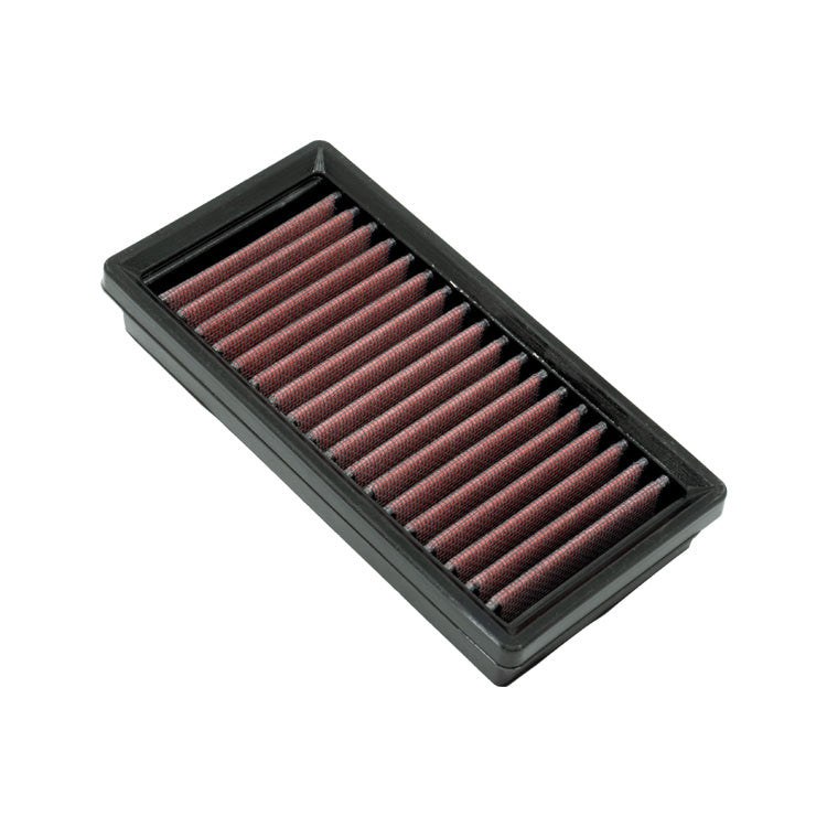 A rectangular motorcycle air filter with, a black PU frame and pleated filter media, shown on a plain white background.