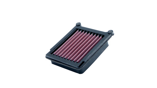 A rectangular motorcycle air filter with a black PU frame and pleated red filter media, shown on a plain white background.