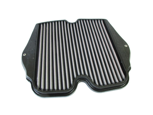 A black PU motorcycle air filter, with a pleated media, shown on a plain white background.