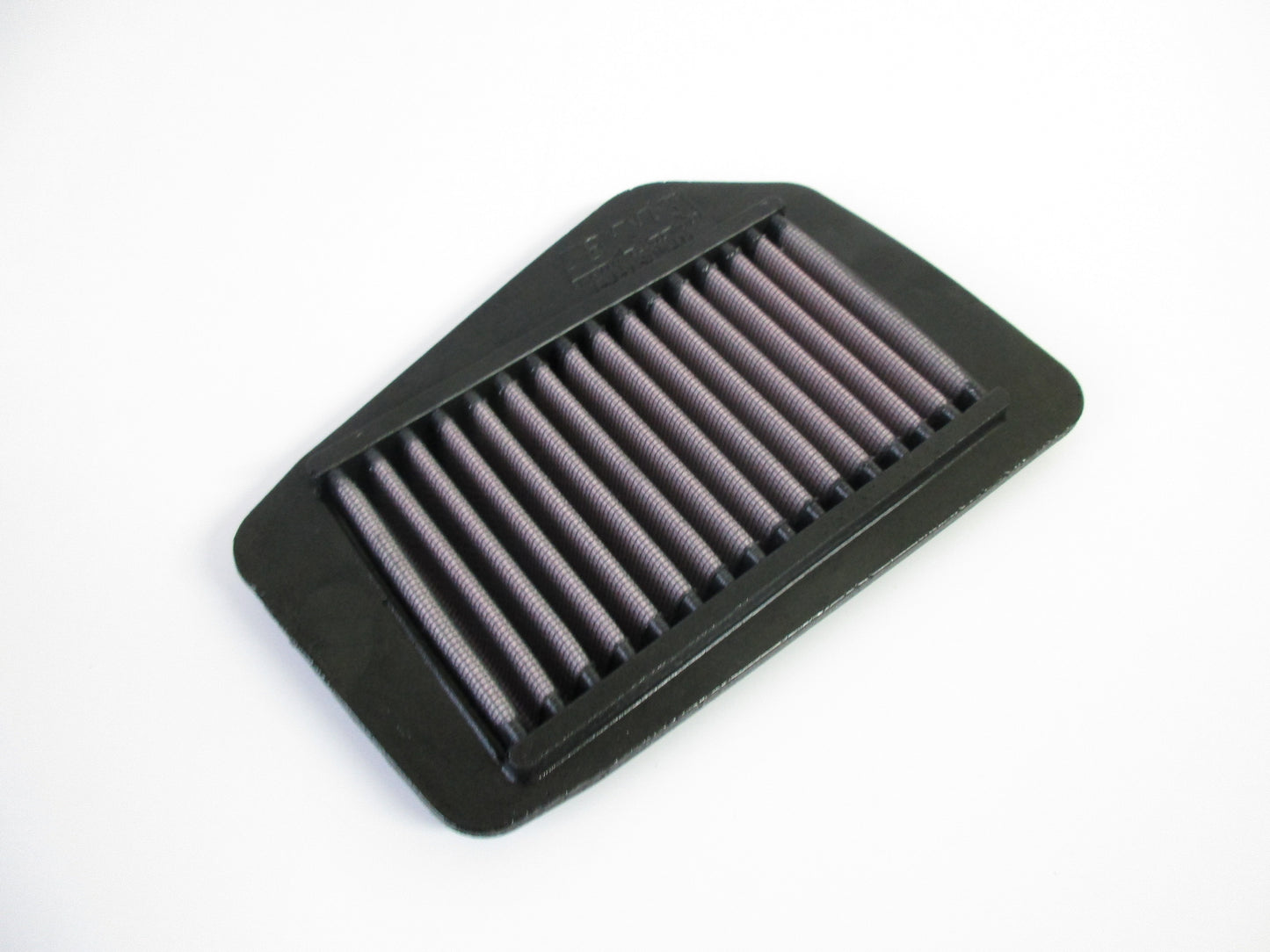 A black rectangular motorcycle air filter with pleated red media, shown on a plain white background.