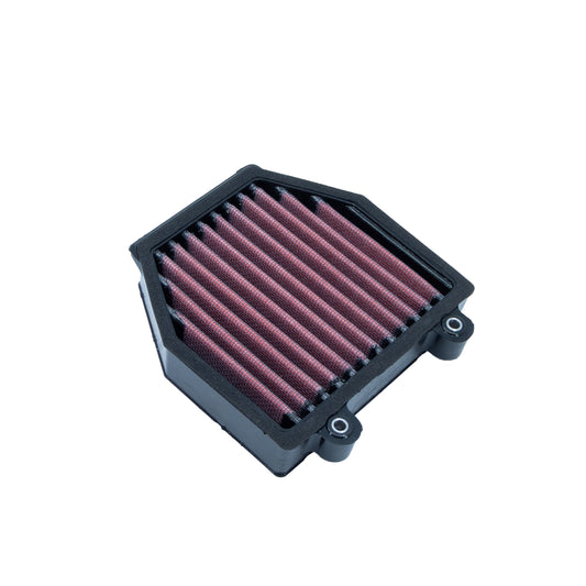 A black motorcycle air filter with a pleated red media, shown on a plain white background.