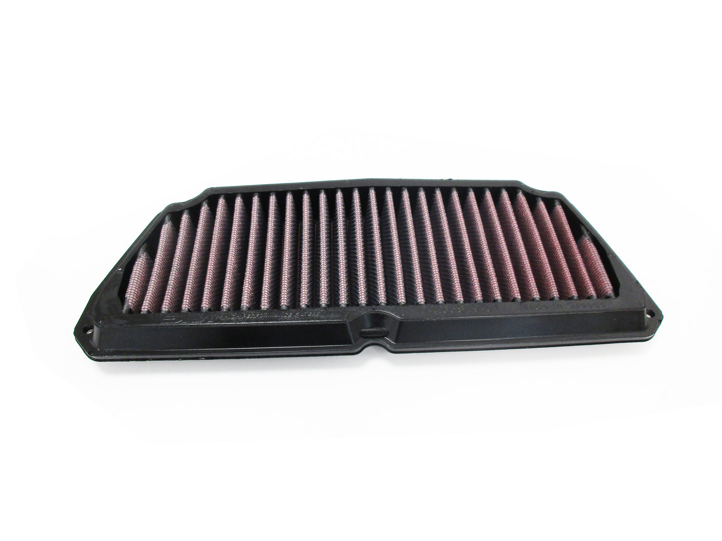 A rectangular motorcycle air filter with pleated media, shown on a plain white background.
