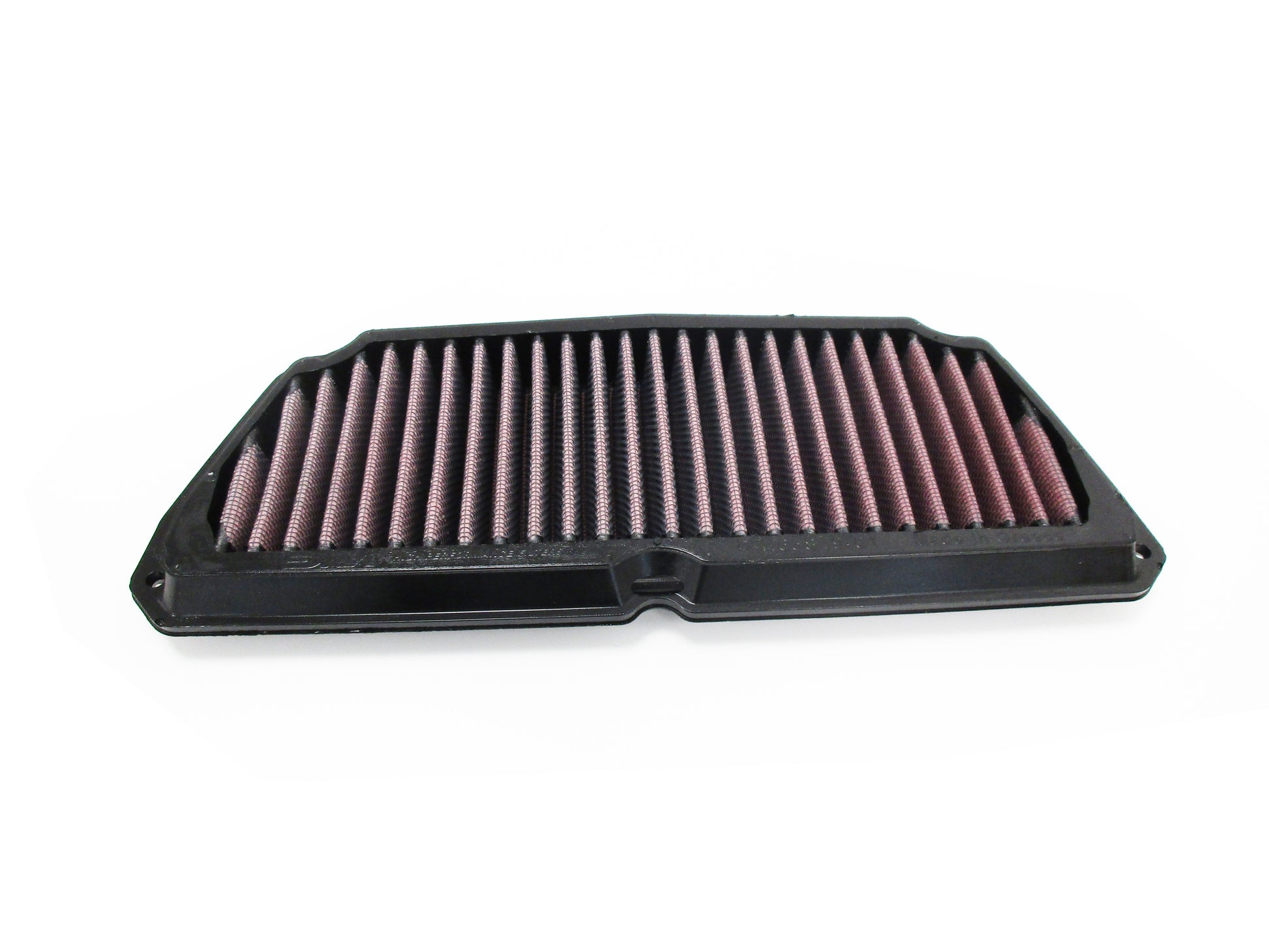 A rectangular motorcycle air filter with pleated media, shown on a plain white background.
