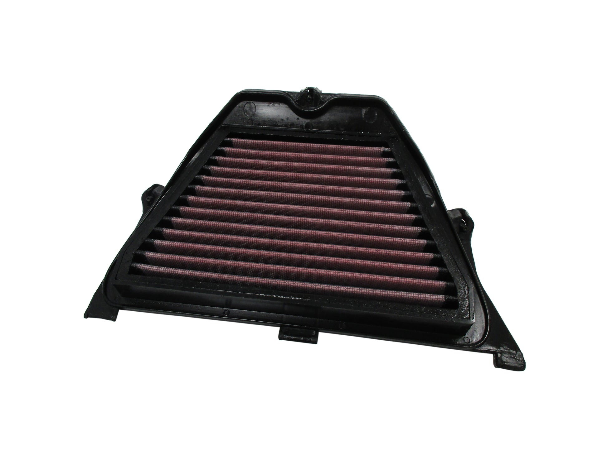 A triangular motorcycle air filter, with a black PU frame and red pleated filter media, shown on a plain white background.