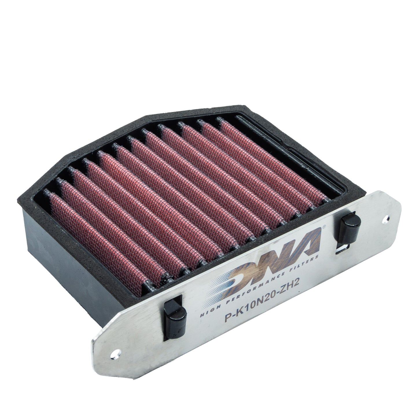 A DNA high-performance air filter with red pleated media, and a grey metal mounting plate.