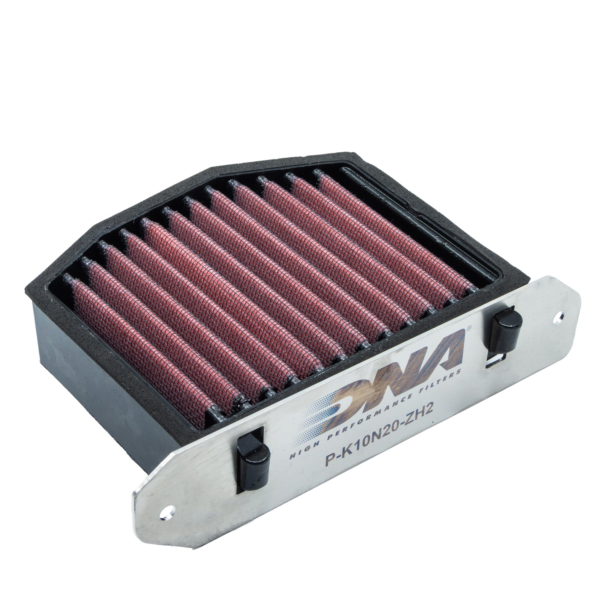 A DNA high-performance air filter with red pleated media, and a grey metal mounting plate.