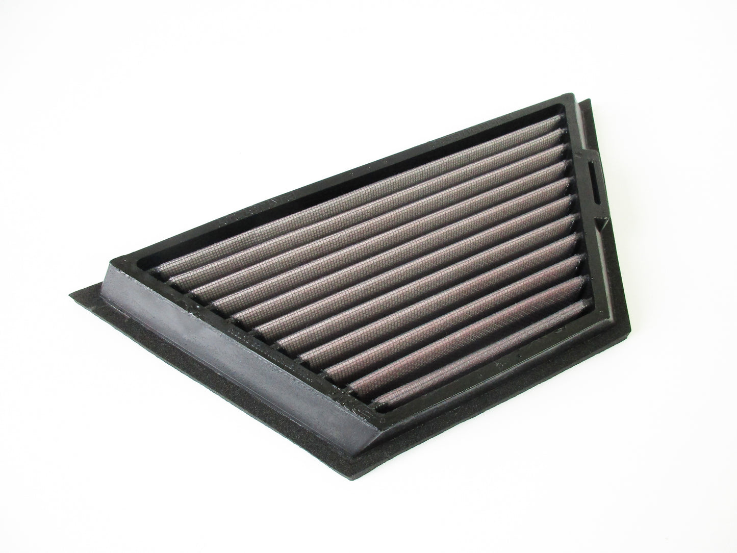 A rectangular motorcycle air filter, with  pleated filter media and a black PU frame, shown on a plain white background.