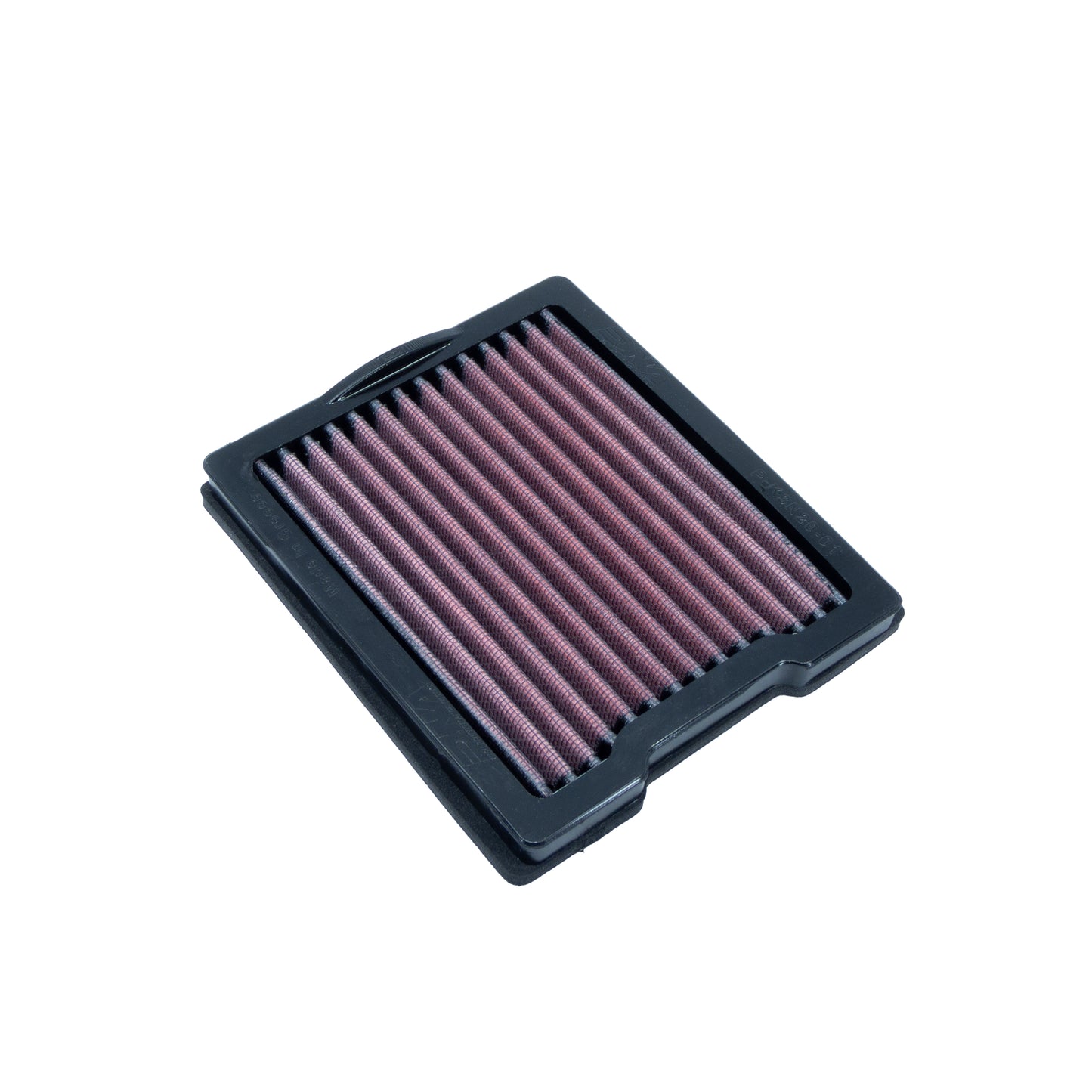 A square motorcycle air filter with a black PU, and pleated media, shown on a plain white background.