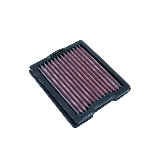 A square motorcycle air filter with a black PU, and pleated media, shown on a plain white background.