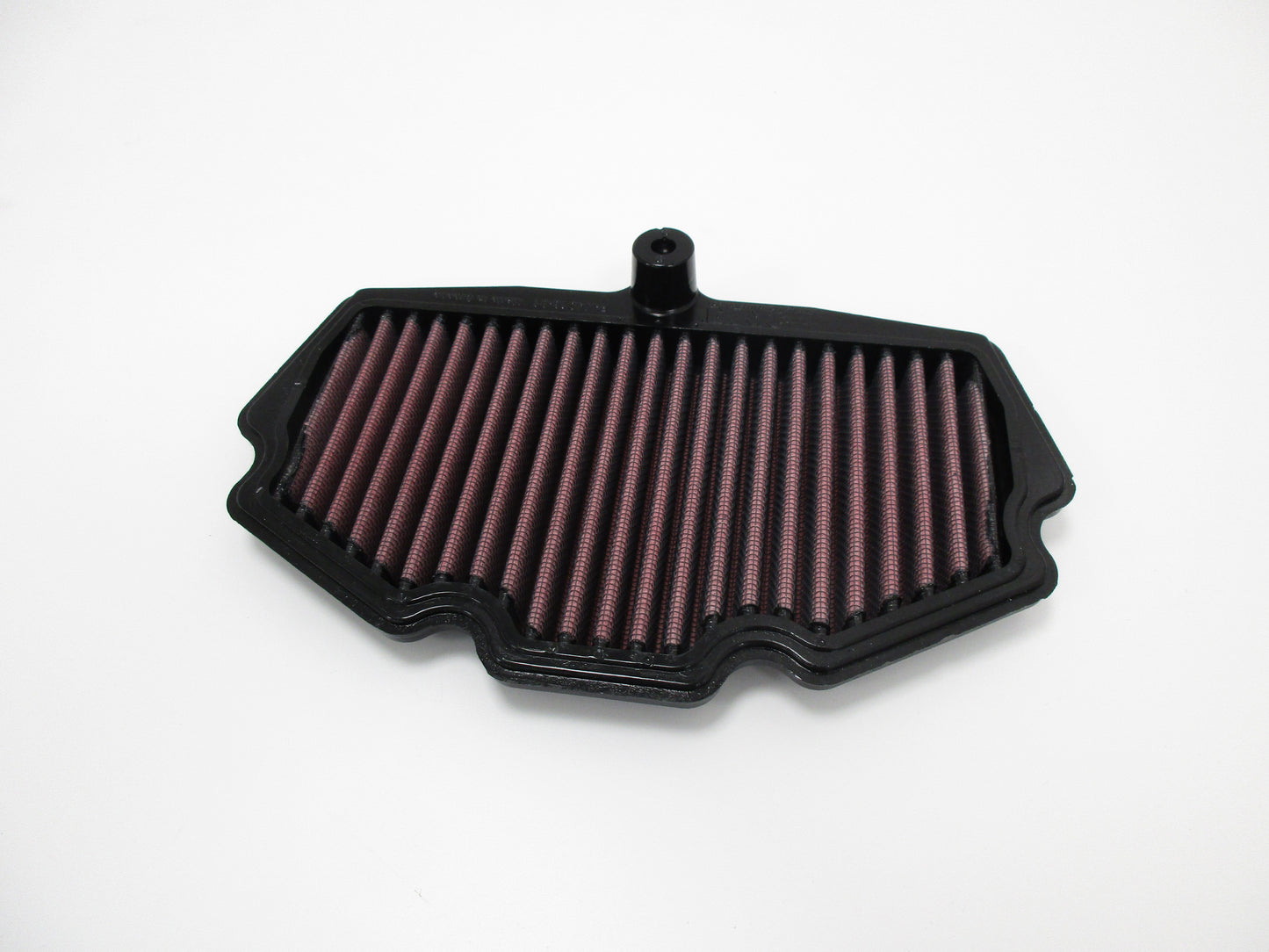 A DNA high performance air filter, with a black PU frame and pleated red media, shown on a plain white background.