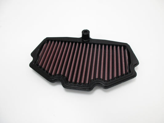 A DNA high performance air filter, with a black PU frame and pleated red media, shown on a plain white background.