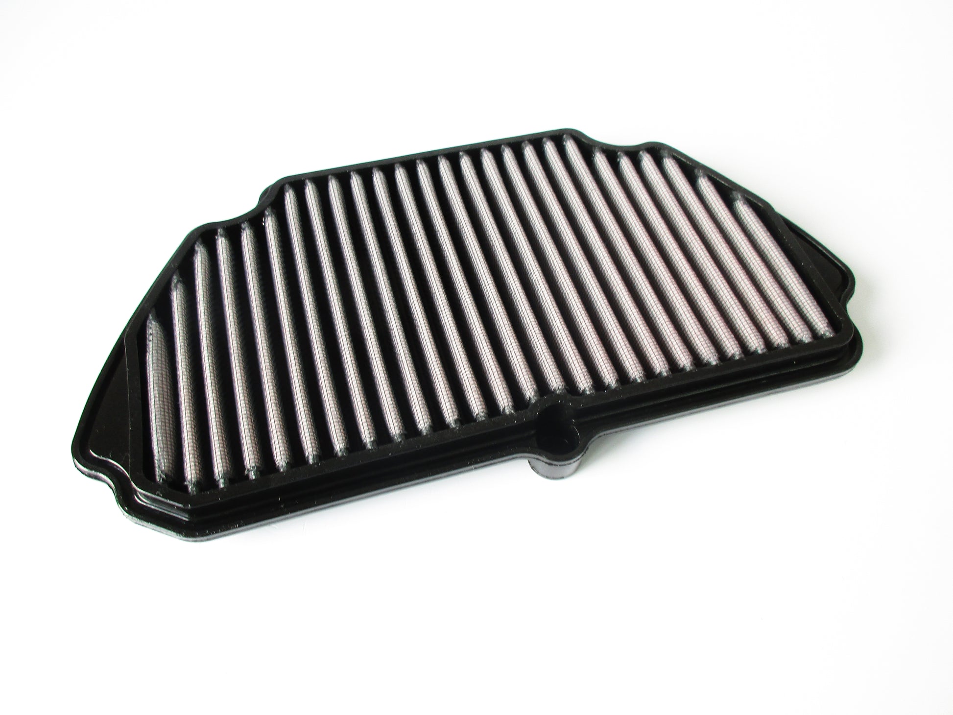 A motorcycle air filter with black PU and pleated media, shown on a white background.