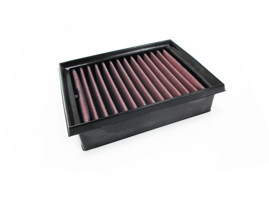A rectangular motorcycle air filter, with pleated red media and black PU, shown on a plain white background.