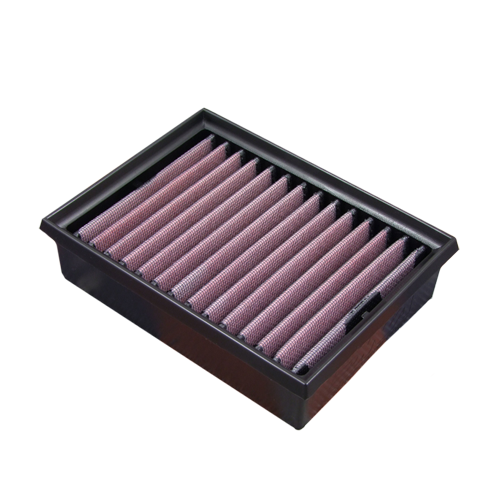 A rectangular motorcycle air filter with pleated red media and a black PU, shown on a plain white background.