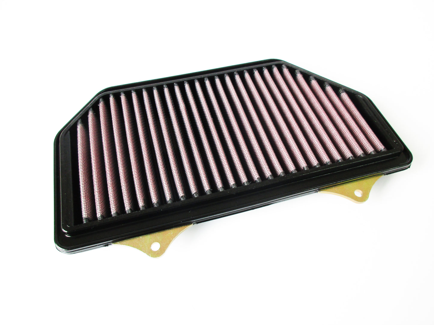 A motorcycle or air filter with, a black PU frame and pleated media, shown on a white background.